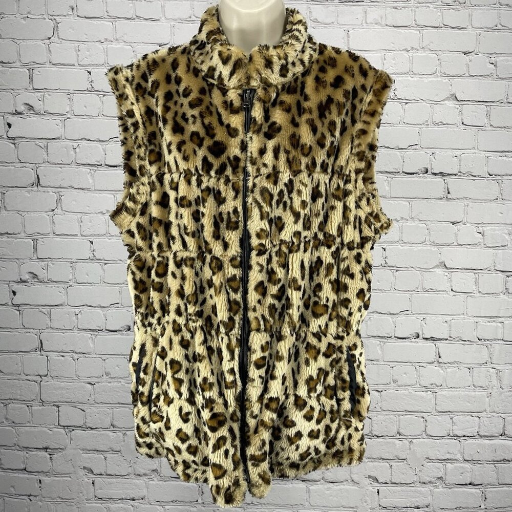 Bagatelle Tan Leopard Faux Fur Zipped Knit Back Vest Pockets Size Medium M